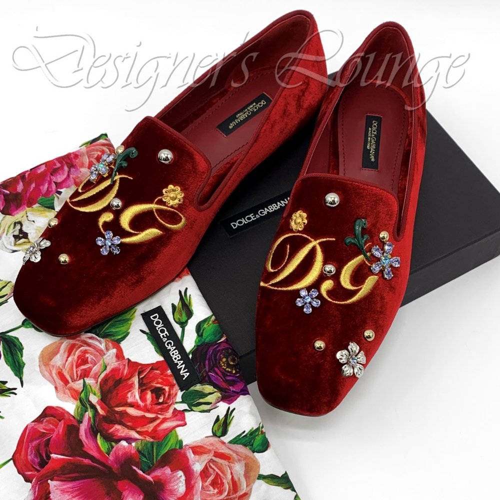 NIB DOLCE & GABBANA Red Velvet Crystal Loafers - Picture 7 of 8